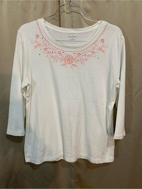 Studio Works White Long Sleeve Tee with Pink Floral Embroidery. #48/1